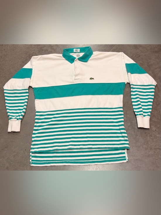 Lacoste Other - Lacoste Izod Vintage Mens White & Teal Striped Long-Sleeve Polo